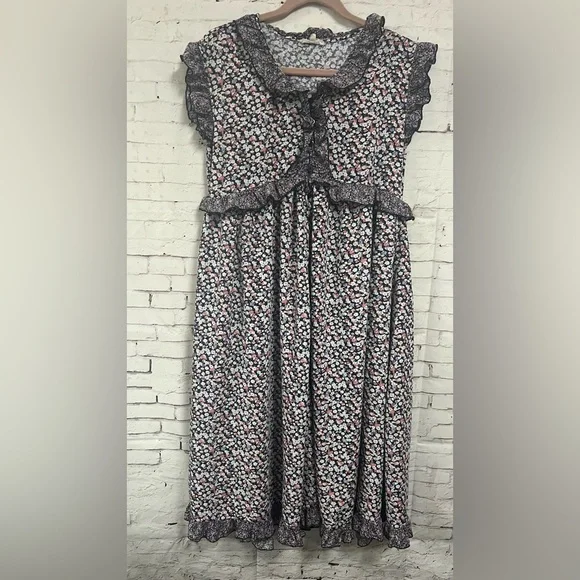 Easel Tiered Midi Dress Purple Floral Ruffle Sleeve Boho Cottage Core Large - Picture 1 of 12